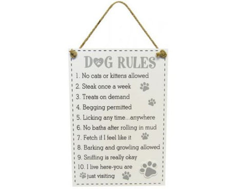 Wooden Dog Rules Hanger with twine, 35x24 cm, featuring playful pet etiquette sayings for home decor.