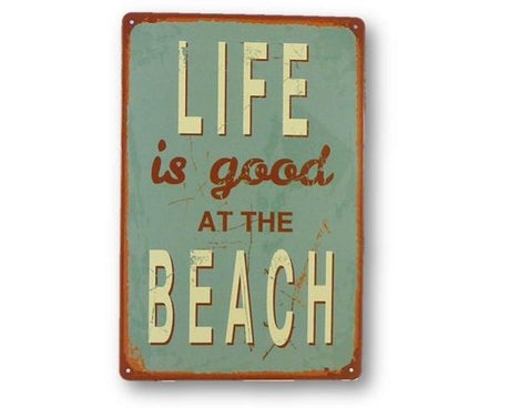 Retro beach-themed tin sign featuring whimsical artwork, perfect for coastal decor in beach houses or baches.