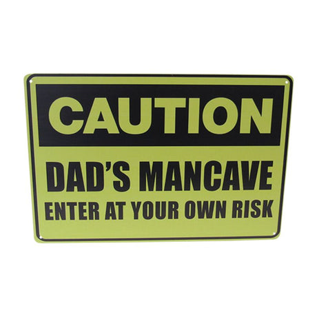 Vintage-inspired tin sign "Dad Cave" designed for man caves and home offices, measuring 30cm x 20cm.