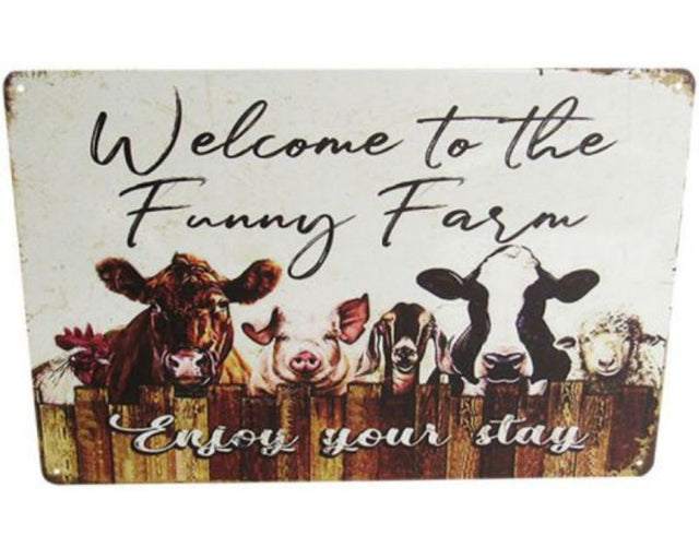 Colorful retro tin sign featuring whimsical farm designs, perfect for adding humor to home decor. Measures 30cm x 20cm.
