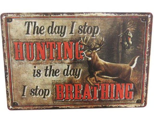 Vintage-style tin wall sign featuring vibrant hunting and nature graphics, ideal for rustic home decor or gift-giving.