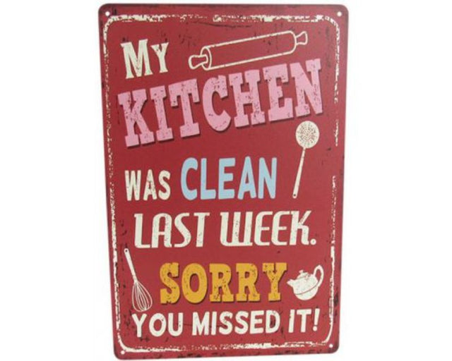 Colorful retro tin sign that reads "Kitchen Clean," perfect for promoting cleanliness in your kitchen decor.