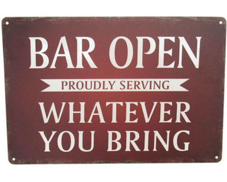 Retro metal "Open Bar" sign, 30cm x 20cm, vibrant colors perfect for home or bar decor, indoors or outdoors.