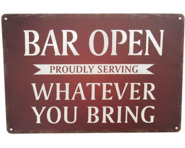 Retro metal "Open Bar" sign, 30cm x 20cm, vibrant colors perfect for home or bar decor, indoors or outdoors.
