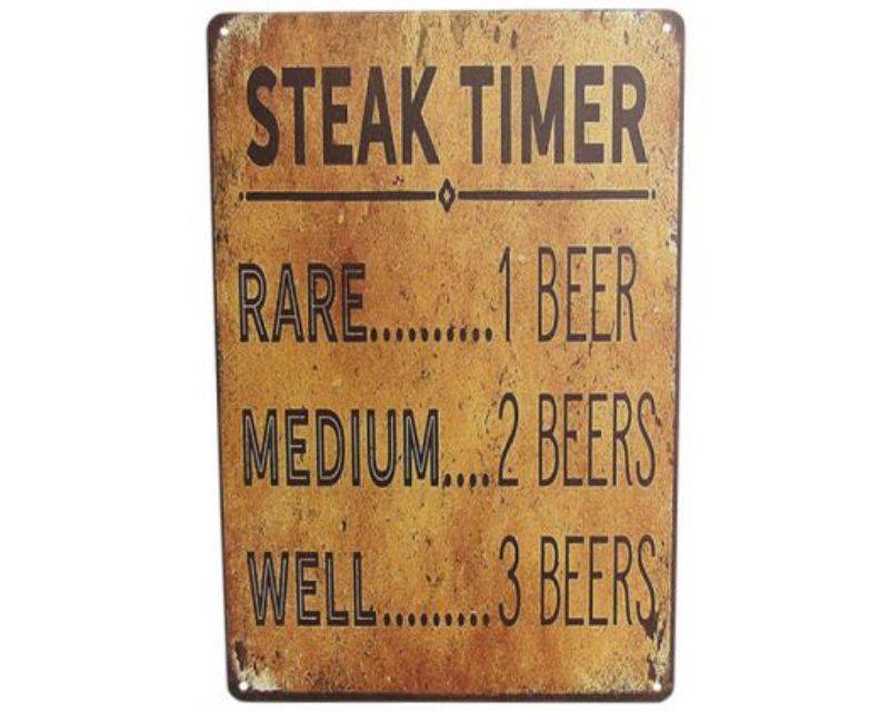 Art Tin Steak Timer, a retro-style 30cm x 20cm tin sign for timing your culinary creations with charm and functionality.