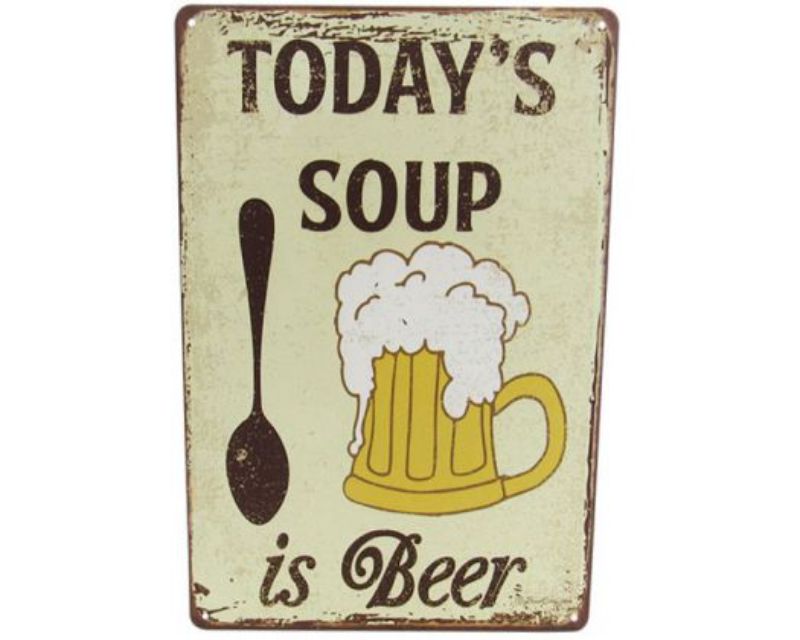 Retro tin sign featuring vibrant colors and beer-themed art, perfect for home bars or kitchens, measuring 30cm x 20cm.