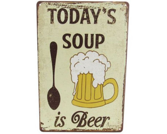 Retro tin sign featuring vibrant colors and beer-themed art, perfect for home bars or kitchens, measuring 30cm x 20cm.