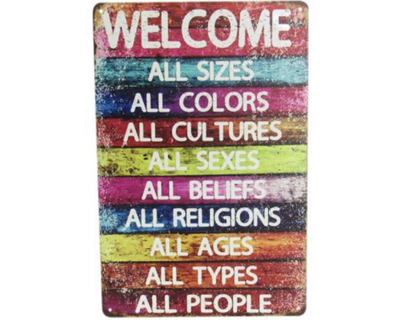 Colorful retro tin wall art sign featuring a rainbow design, perfect for brightening up any home entryway or living space.