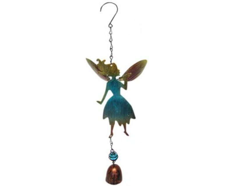Whimsical blue fairy wind chime with bell, perfect for enchanting outdoor decor, measuring 38 cm long with 18.5 cm wingspan.