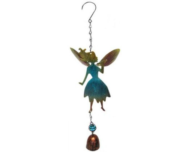 Whimsical blue fairy wind chime with bell, perfect for enchanting outdoor decor, measuring 38 cm long with 18.5 cm wingspan.