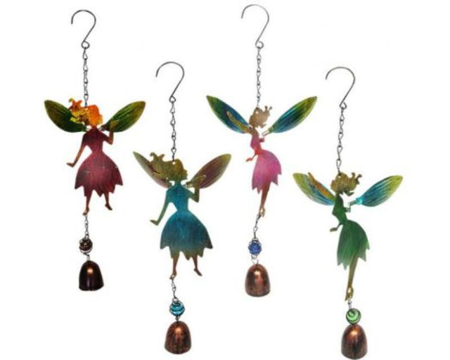 Set of 4 enchanting glass fairies on metal hangers with bells, perfect for adding whimsical charm to any garden.
