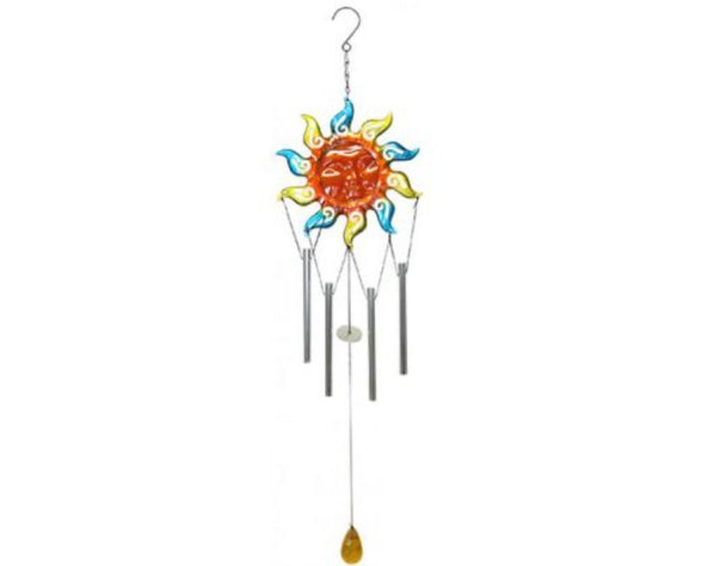 Captivating blue glass and metal sun face wind chime with four soothing chimes, enhancing any garden or patio decor.