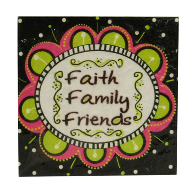 Ceramic wall hanging tile measuring 9.5 cm, featuring a motivational "Faith Friends" quote for uplifting home decor.