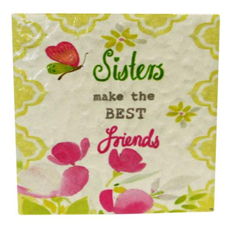 Ceramic art tile featuring a heartfelt message celebrating sisterhood, complete with a stylish shelf stand.