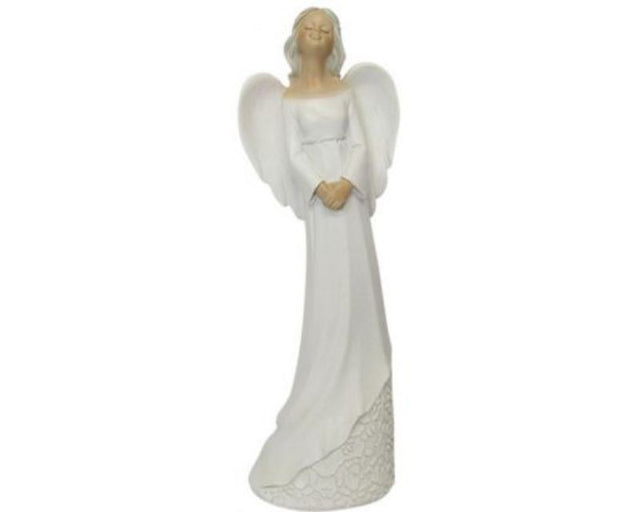 Resin angel ornament standing 20 cm tall, featuring intricate details and a calming color palette for serene home decor.