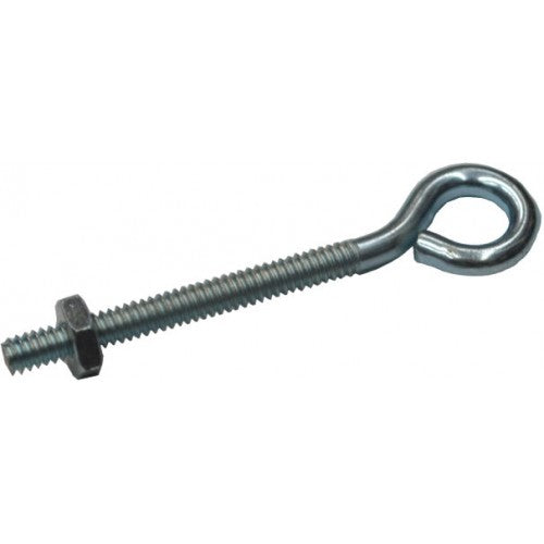 Zinc-plated eye bolt with nut, 65mm long, 14mm eye, ideal for securing ropes and cables in various applications.