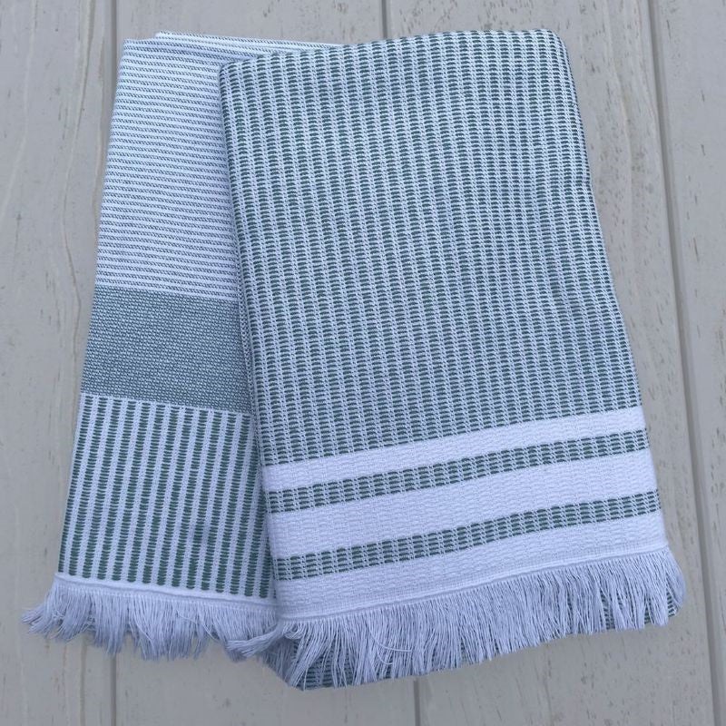 Set of 2 seafoam striped kitchen towels by BAKSANA, crafted from 100% cotton, stylish and OEKO-TEX certified.