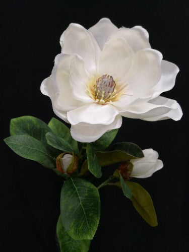 Lifelike large white magnolia stem with two buds, perfect for floral arrangements and weddings.