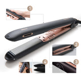 Nanoe Hair Straightener with advanced technology for hydration, sleekness, five heat settings, and travel-friendly design.