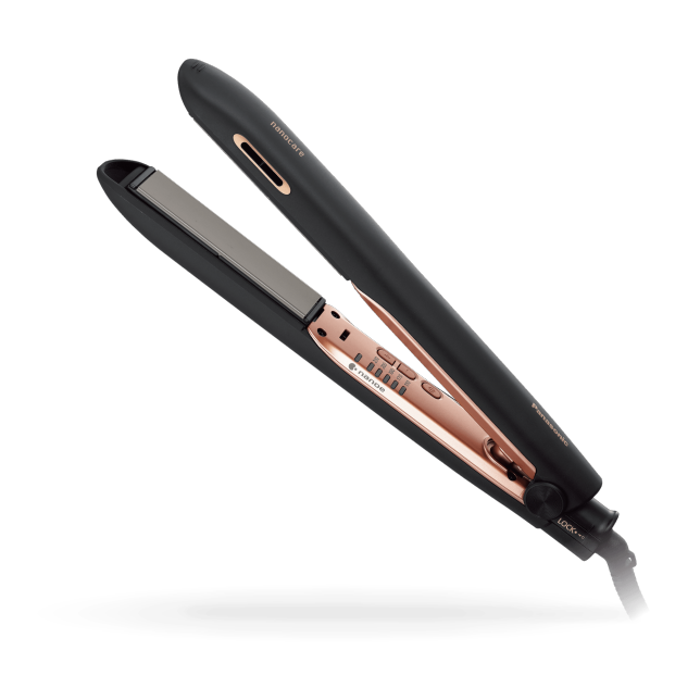 Nanoe™ Hair Straightener features advanced technology for smooth, hydrated hair with five temperature settings and ergonomic design.