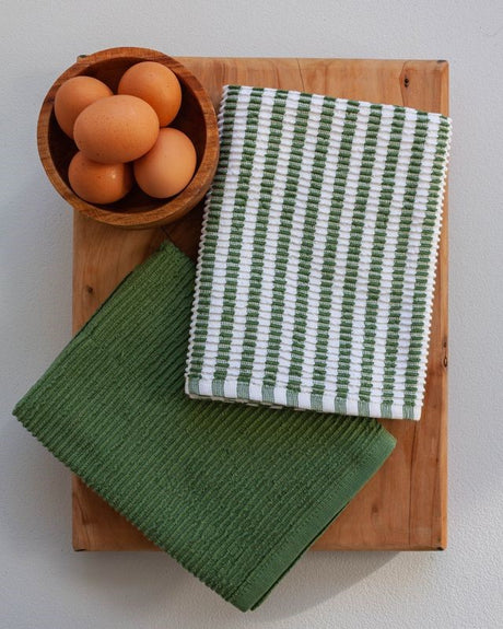 Ribbed tea towel set in herb color, made of absorbent 100% OEKO-TEX® cotton, includes one striped and one plain towel.