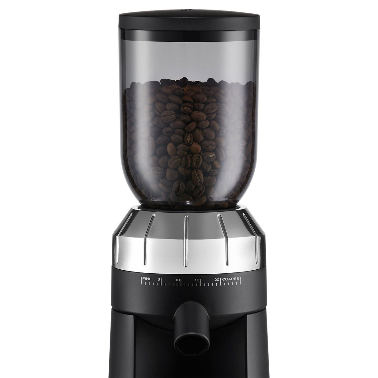 Sunbeam Café Series Conical Burr Coffee Grinder in black, featuring 24 grind settings, stainless steel burrs, and 250g capacity.