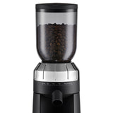 Sunbeam Café Series Conical Burr Coffee Grinder in black, featuring 24 grind settings, stainless steel burrs, and 250g capacity.