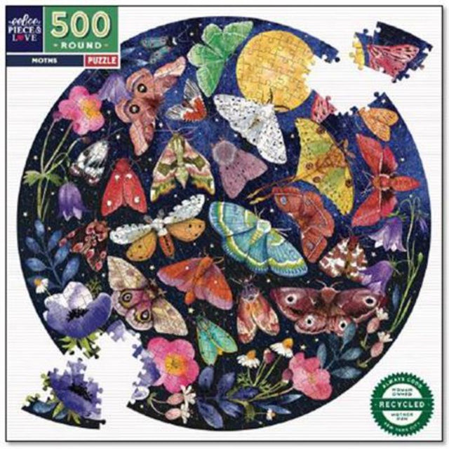 Illustrated 500-piece puzzle of diverse moth species under a moonlit sky, crafted from eco-friendly materials.