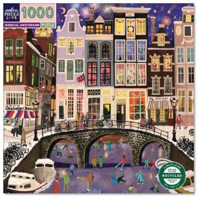 Colorful 1000-piece puzzle depicting Amsterdam's charming buildings and canals, measuring 58.4 cm square.