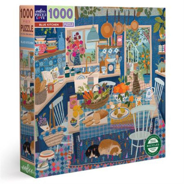 Puzzle featuring a vibrant Blue Kitchen scene with intricate details, ideal for family fun and eco-conscious puzzling.