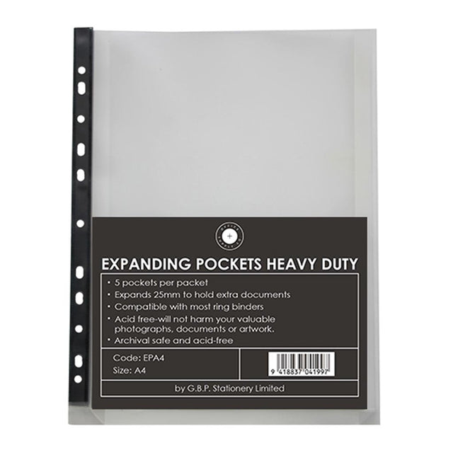 Heavy-duty crystal clear A4 expanding pockets, pack of 5, each holds up to 25mm of documents for organized storage.