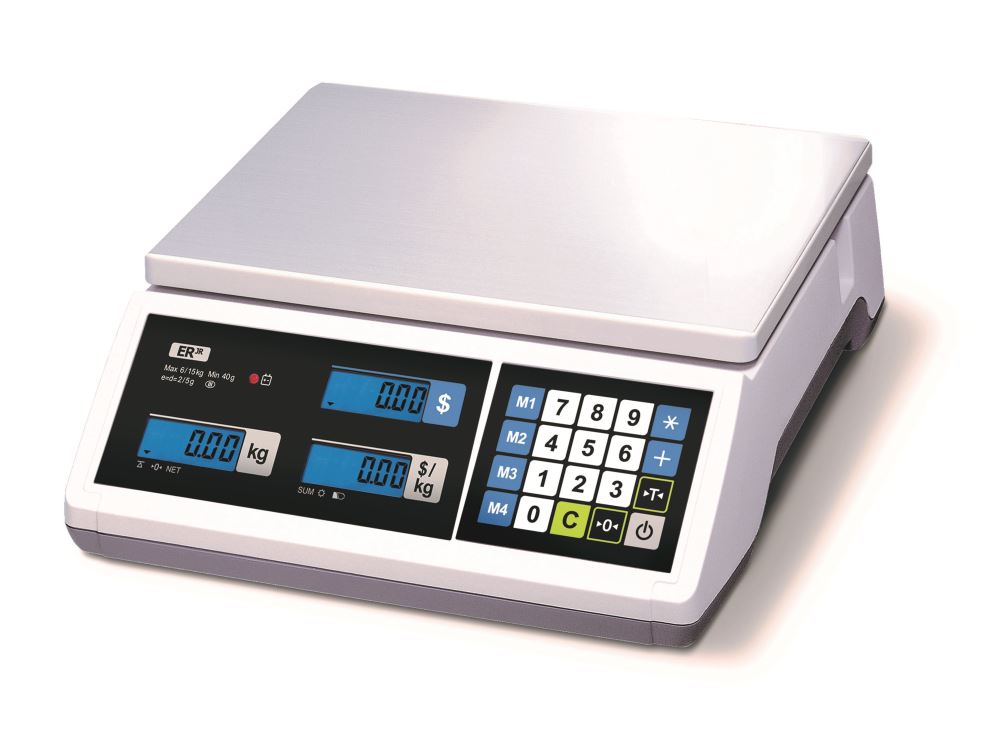 Digital weighing scale CAS ERJ-15, 15kg capacity, dual LCD display, rechargeable battery, ideal for retail use.
