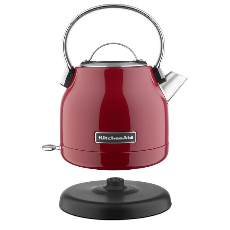 KitchenAid Artisan Electric Kettle in Empire Red, 1.25L, features a stainless steel body, 1850-2200W power, and 360-degree removable base.