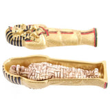 Ornate 13cm sarcophagus ornament featuring an 11cm lifelike mummy, perfect for home decor and collectors of ancient Egyptian art.