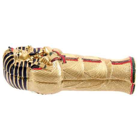 Intricate 13cm sarcophagus ornament with lifelike 11cm mummy, ideal for decor or as a unique gift celebrating ancient Egypt.