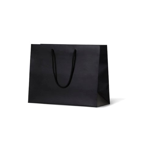 Matte ruby black laminated bags with rope handles, 250mm high, 330mm wide, and 125mm gusset, packed 100 per carton.