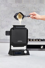 Black Sunbeam Waffle Maker with vertical design, 5 shade settings, LCD timer, and easy-fill funnel for mess-free homemade waffles.