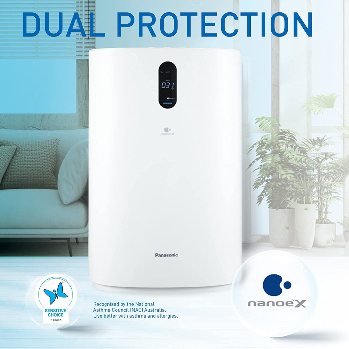 Panasonic F-PXU70MWL air purifier in white, featuring NanoeX technology for superior air cleaning in homes up to 95m².