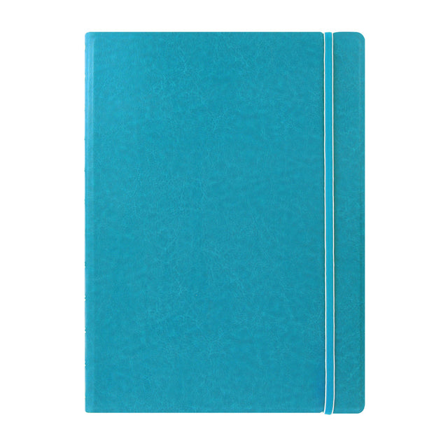 Aqua lined Filofax A4 notebook with a leather-look finish, elastic closure, and flexible, repositionable pages.