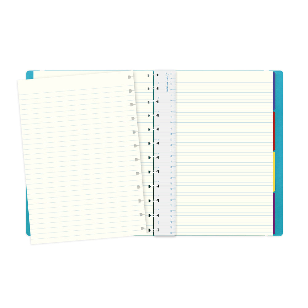 Aqua A4 Filofax Notebook featuring a leather-look design, elastic closure, twin wire spine, and customizable pages.