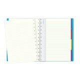 Aqua A4 Filofax Notebook featuring a leather-look design, elastic closure, twin wire spine, and customizable pages.