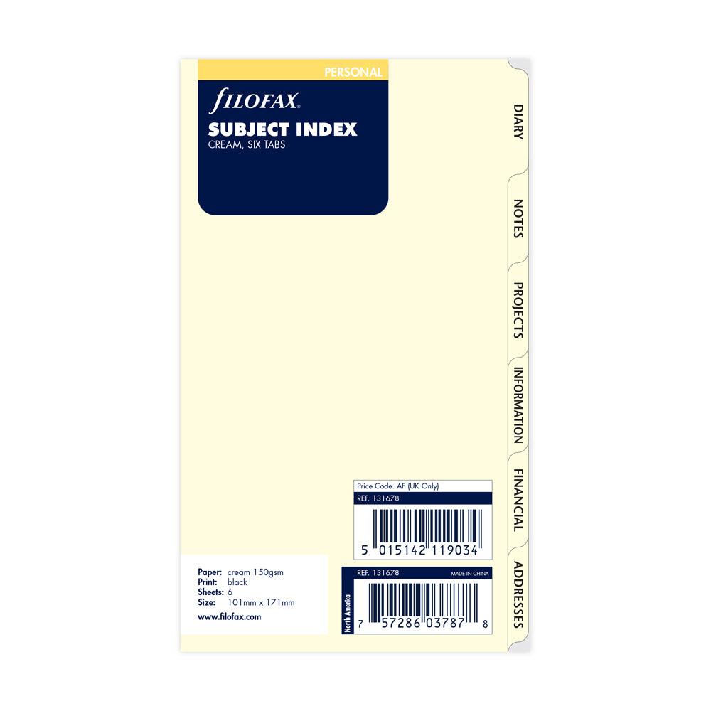Filofax Organiser Refill Personal Index Subject 6 Tabs Cotton Cream