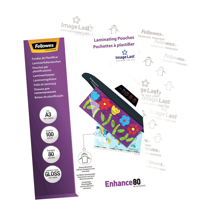 Fellowes Laminating Pouches A3 Gloss 80 Micron Pack 100