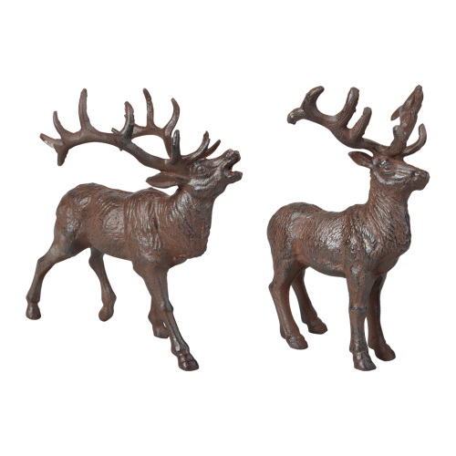 Set of 2 assorted cast iron deer ornaments, showcasing detailed antlers and traditional craftsmanship, measuring 23cm and 17cm tall.