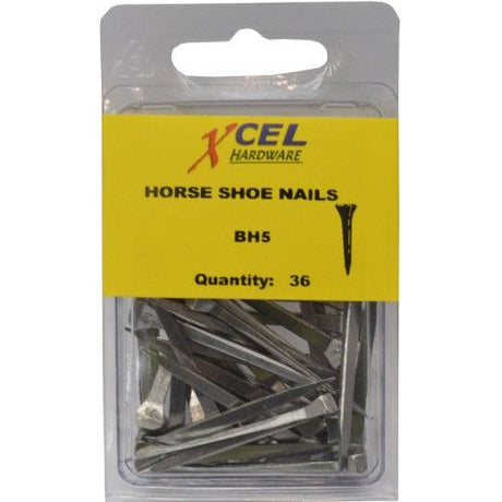 Flat-headed horse shoe nails in a pack of 36, designed for easy, safe driving and optimal hoof care in various equine activities.