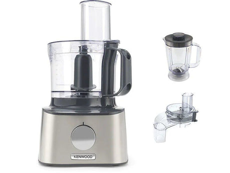 Brushed metal food processor with 800W motor, versatile attachments for chopping, slicing, and blending; compact design.