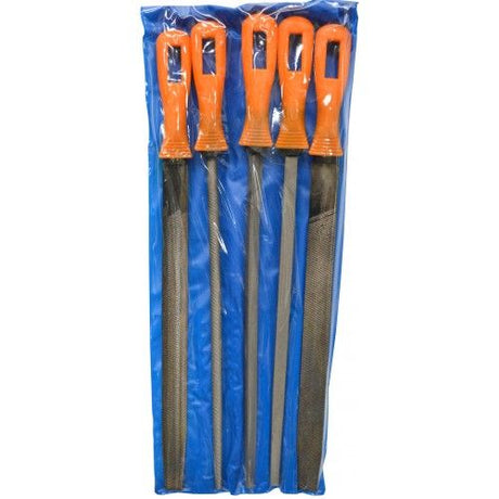 5-piece file set with handles in a wallet, ideal for filing wood, plastic, and metal projects.