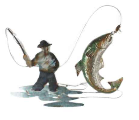 Metal wall art featuring an angler, 64cm wide, showcasing a fishing theme, perfect for home or cabin decor.