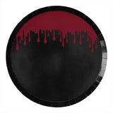 Fright Night Blood Splatter Party Paper Plates featuring a spooky blood splatter design, perfect for Halloween gatherings.