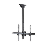 Ceiling-mounted flat-screen TV mount with full motion, supporting 32"-75" TVs, space-saving design, and adjustable heights.